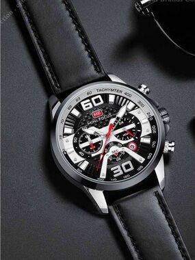 MINI FOCUS Watch. Men’s Chronograph. Black, Silver and red. Leather band.